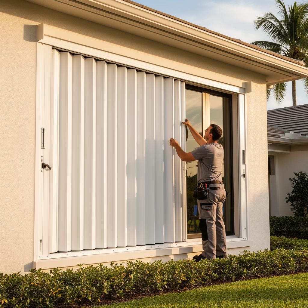 Technician installing a charcoal roll-down hurricane shutter on a white Florida home
